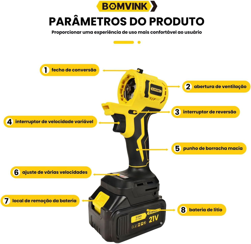 Kit de ferramentas 6 em 1 multifuncional Portátil com 2 baterias 21V Furadeira e Parafusadeira chave de impacto serra Lixadeira Portátil sem fio com 2 baterias - Bivolt