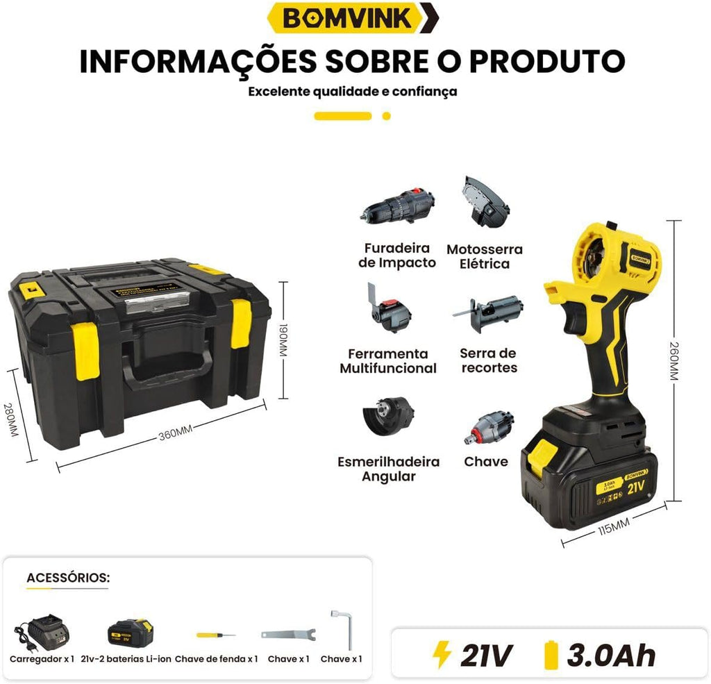 Kit de ferramentas 6 em 1 multifuncional Portátil com 2 baterias 21V Furadeira e Parafusadeira chave de impacto serra Lixadeira Portátil sem fio com 2 baterias - Bivolt
