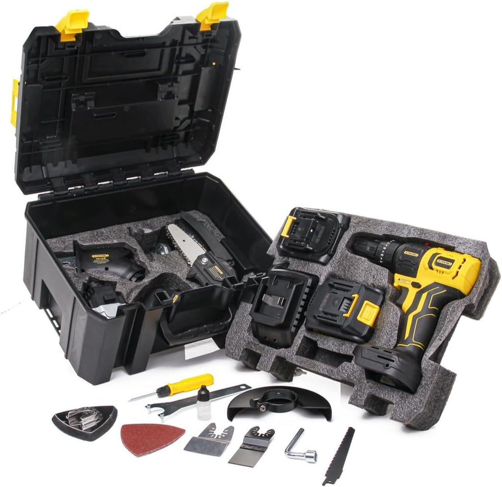 Kit de ferramentas 6 em 1 multifuncional Portátil com 2 baterias 21V Furadeira e Parafusadeira chave de impacto serra Lixadeira Portátil sem fio com 2 baterias - Bivolt