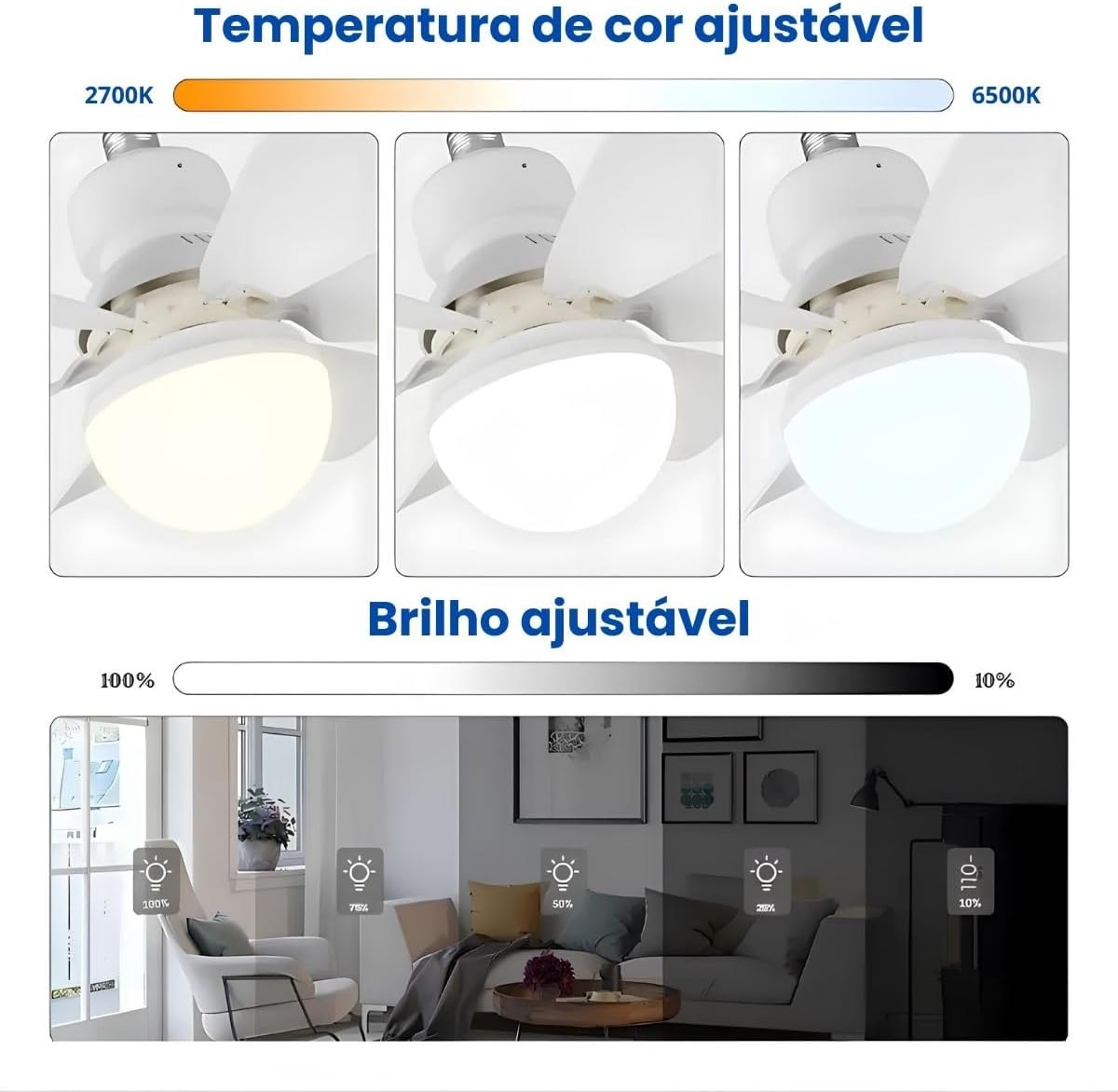 Ventilador de Teto com Lâmpada Encaixe E27 Led 30w Silencioso e Inteligente com Controle Remoto - YODHE