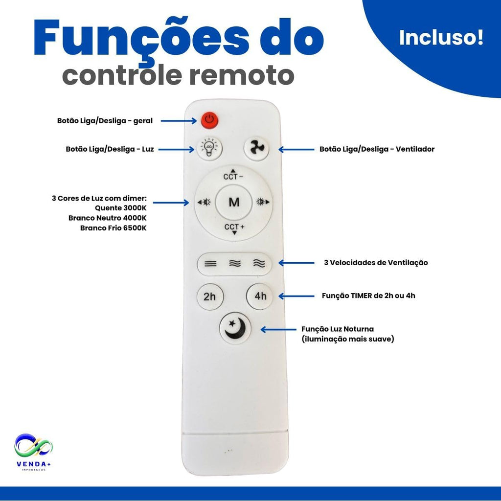 Ventilador de Teto com Lâmpada Encaixe E27 Led 30w Silencioso e Inteligente com Controle Remoto - YODHE