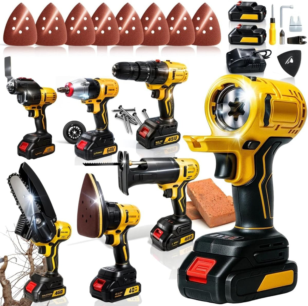 Kit Ferramentas Elétricas 6 em 1 Multifuncional 48V – Furadeira, Parafusadeira, Mini Motosserra, Lixadeira, Martelete, Esmerilhadeira + 2 Baterias Recarregáveis