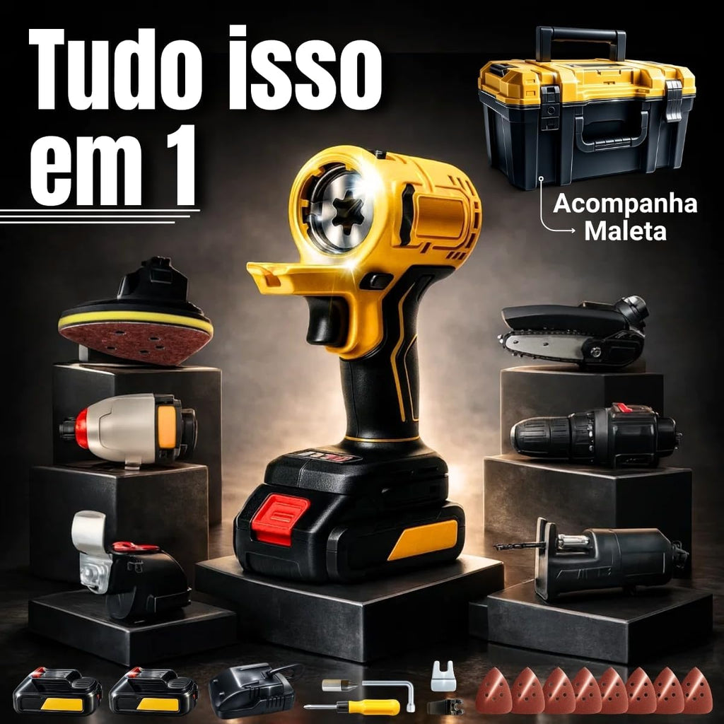 Kit Ferramentas Elétricas 6 em 1 Multifuncional 48V – Furadeira, Parafusadeira, Mini Motosserra, Lixadeira, Martelete, Esmerilhadeira + 2 Baterias Recarregáveis