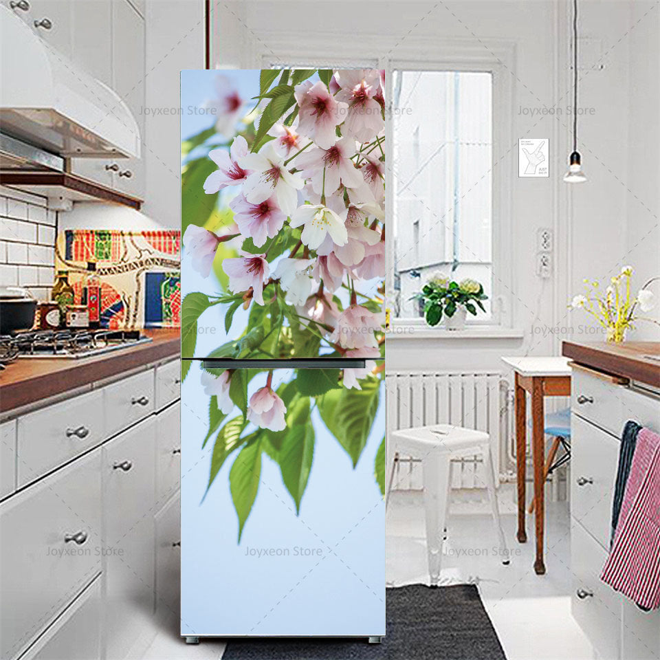 Retro Flower Fridge Sticker Light Blue Background Vinyl PVC Waterproof Self-Adhesive Poster Mural Decorative Fridge Sticker