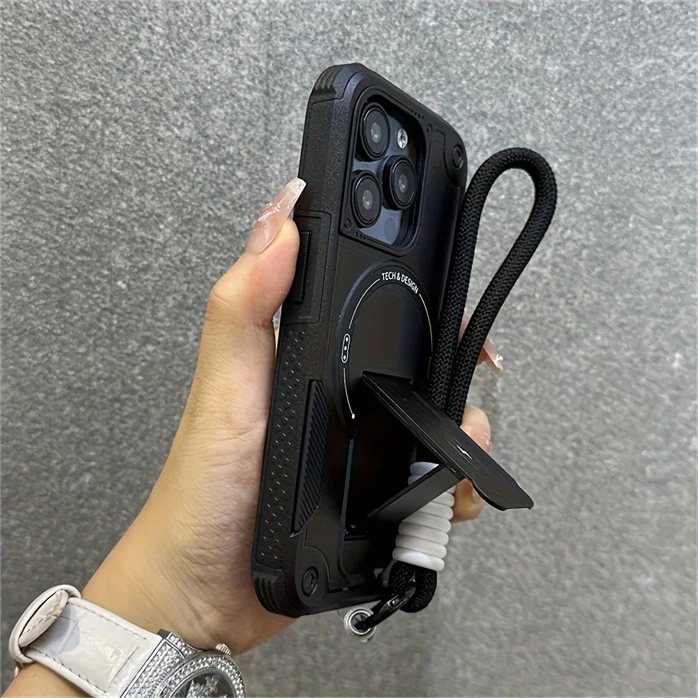 Luxury Kickstand Magnetic With Strap Case For iPhone 17 16 15 12 13 14 Pro Max 11 17 Air Wireless charging Shockproof Back Cover