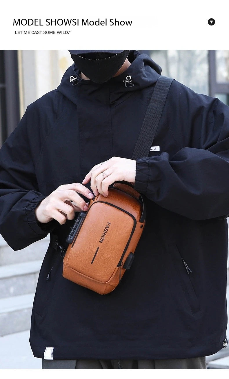 Bolsa Transversal Masculina Antifurto – Porta USB – Cadeado com Senha – Couro PU