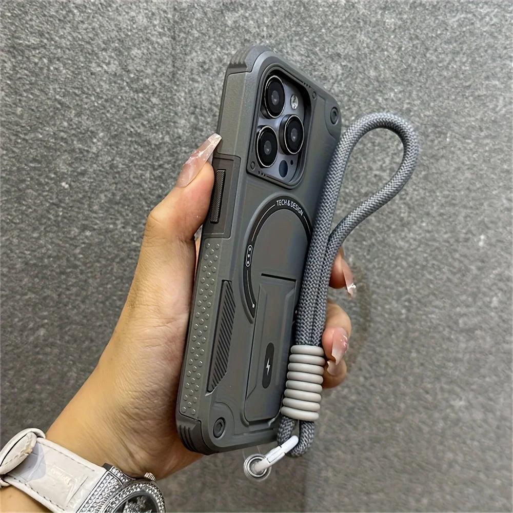 Luxury Kickstand Magnetic With Strap Case For iPhone 17 16 15 12 13 14 Pro Max 11 17 Air Wireless charging Shockproof Back Cover