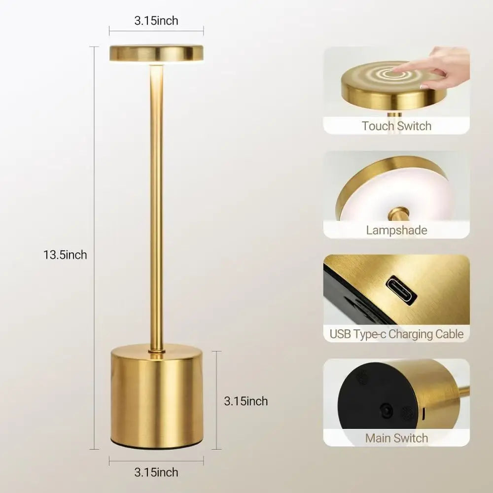 Luminária de Mesa LED Recarregável USB – 3 Cores – Dimmer – Corpo Metálico