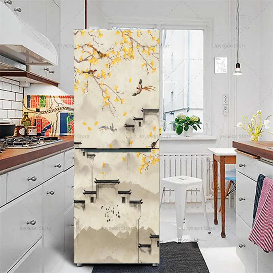 Retro Flower Fridge Sticker Light Blue Background Vinyl PVC Waterproof Self-Adhesive Poster Mural Decorative Fridge Sticker