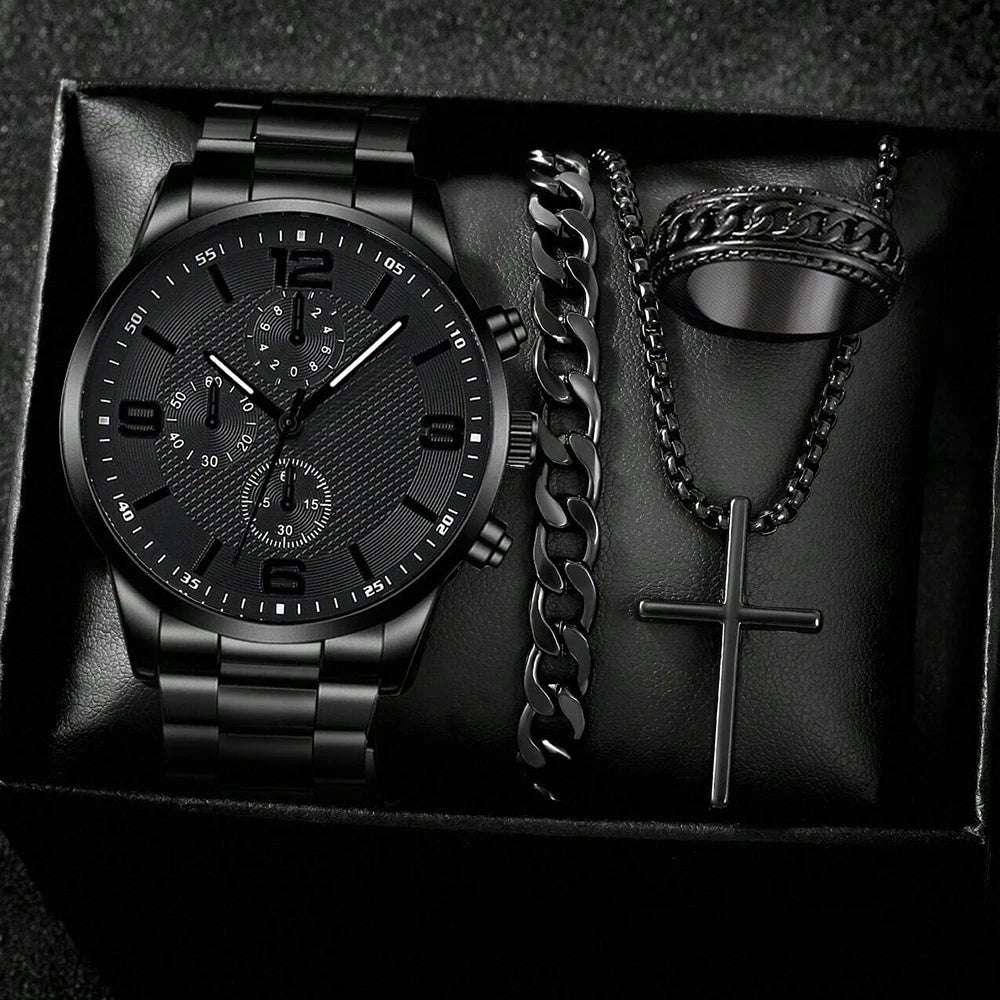 Kit Presente Masculino 4 Peças - Relógio + Pulseira + Colar + Anel