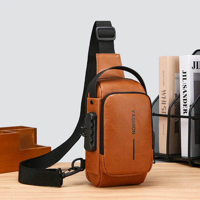 Bolsa Transversal Masculina Antifurto – Porta USB – Cadeado com Senha – Couro PU
