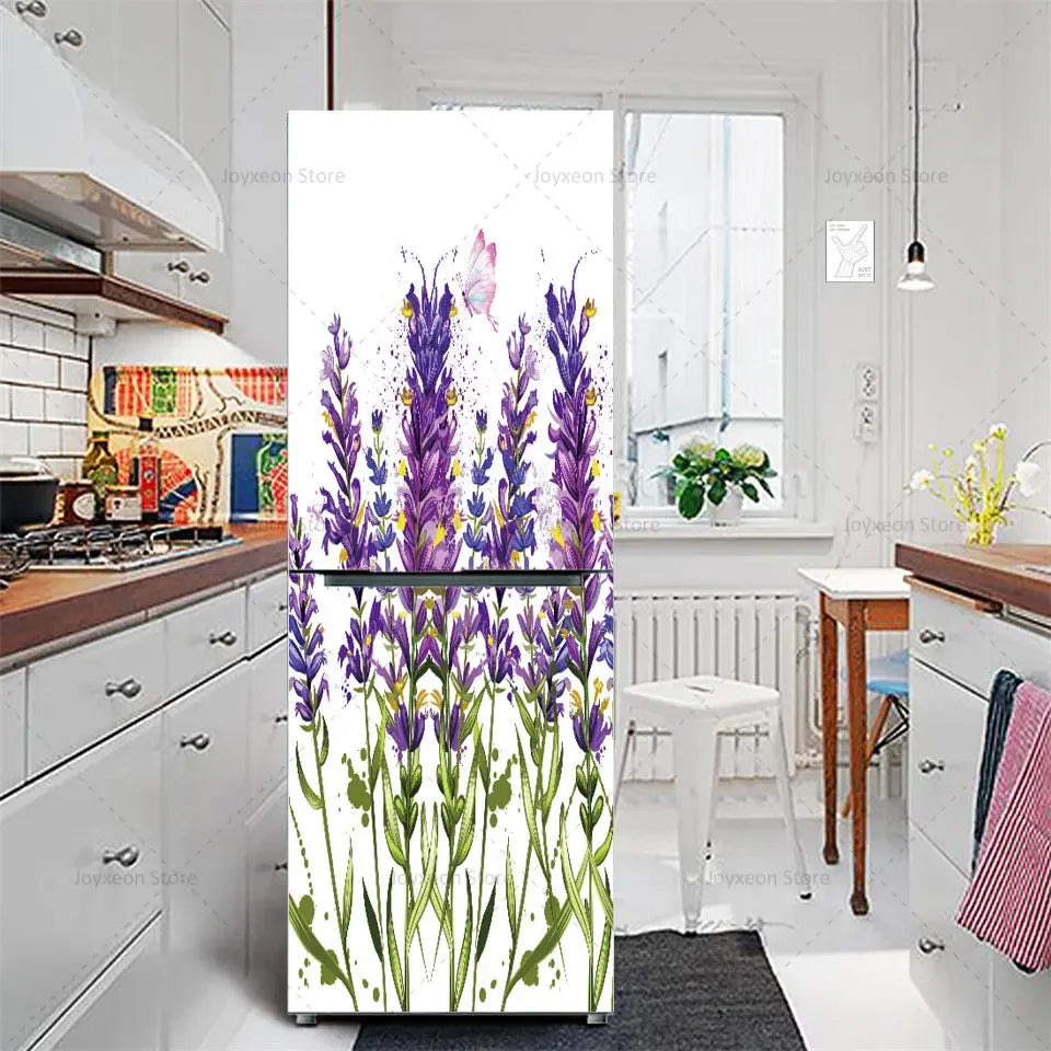 Retro Flower Fridge Sticker Light Blue Background Vinyl PVC Waterproof Self-Adhesive Poster Mural Decorative Fridge Sticker