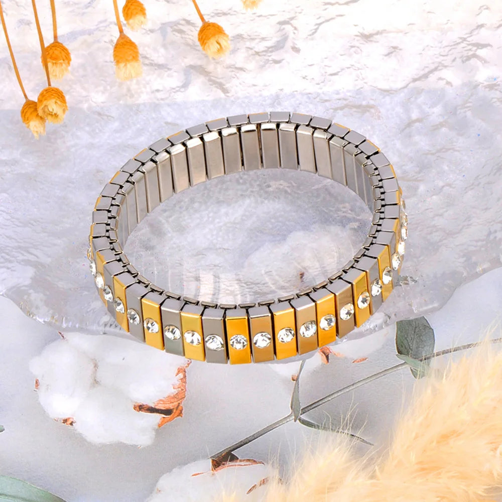 Pulseira Feminina Banhada a Ouro – Aço Inoxidável com Cristal – À Prova d'água