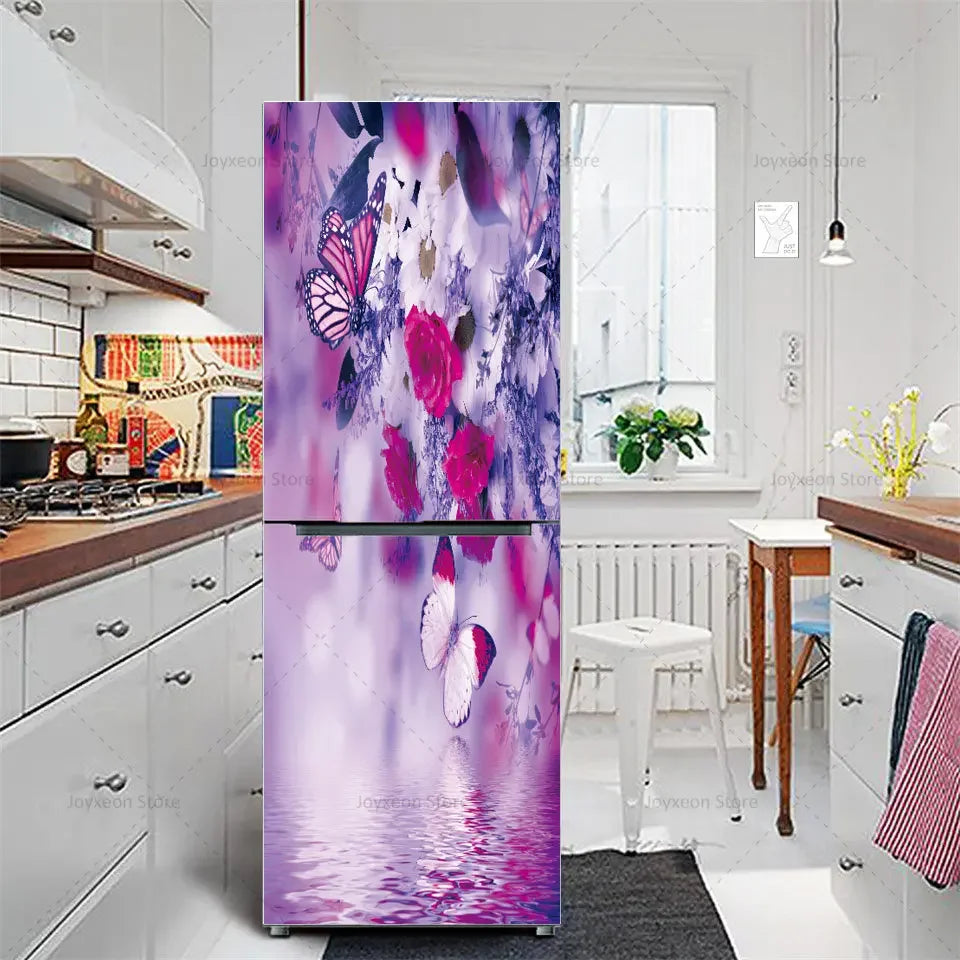 Retro Flower Fridge Sticker Light Blue Background Vinyl PVC Waterproof Self-Adhesive Poster Mural Decorative Fridge Sticker