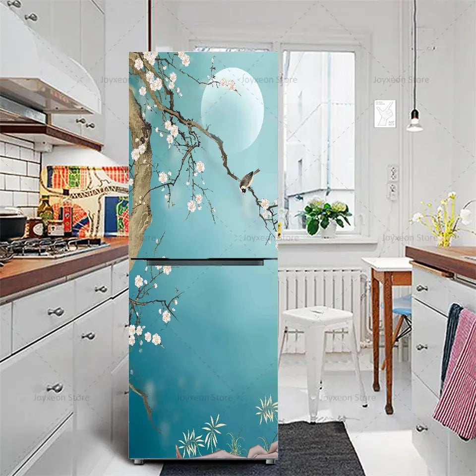 Retro Flower Fridge Sticker Light Blue Background Vinyl PVC Waterproof Self-Adhesive Poster Mural Decorative Fridge Sticker