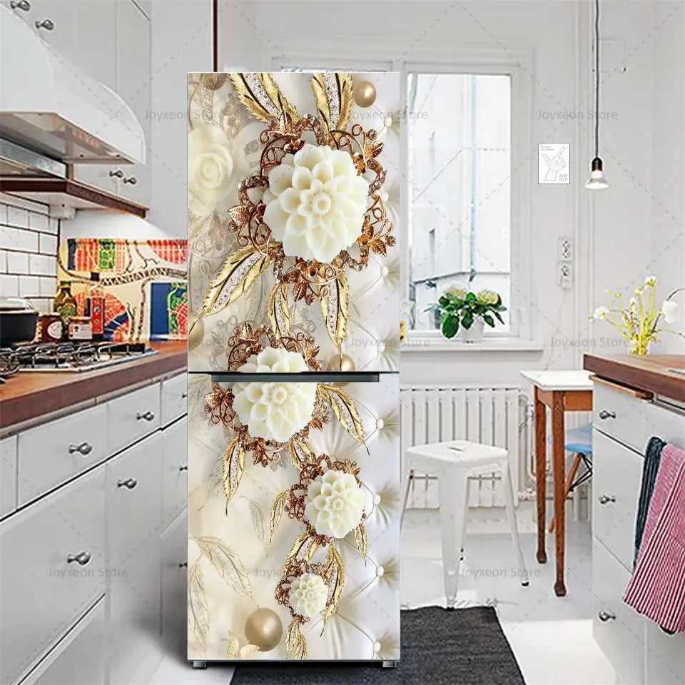 Retro Flower Fridge Sticker Light Blue Background Vinyl PVC Waterproof Self-Adhesive Poster Mural Decorative Fridge Sticker