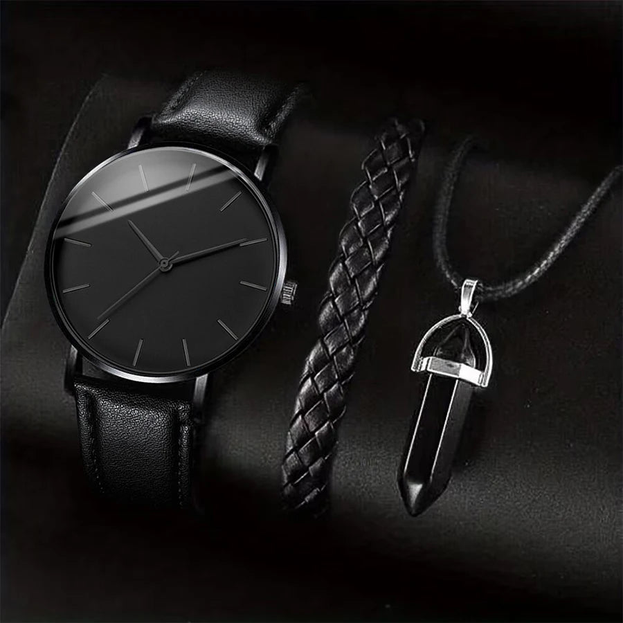 Kit Masculino 3 Peças - Relógio + Colar + Pulseira de Couro