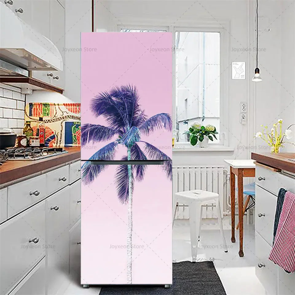 Retro Flower Fridge Sticker Light Blue Background Vinyl PVC Waterproof Self-Adhesive Poster Mural Decorative Fridge Sticker