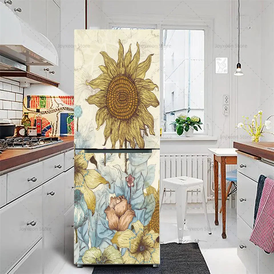 Retro Flower Fridge Sticker Light Blue Background Vinyl PVC Waterproof Self-Adhesive Poster Mural Decorative Fridge Sticker