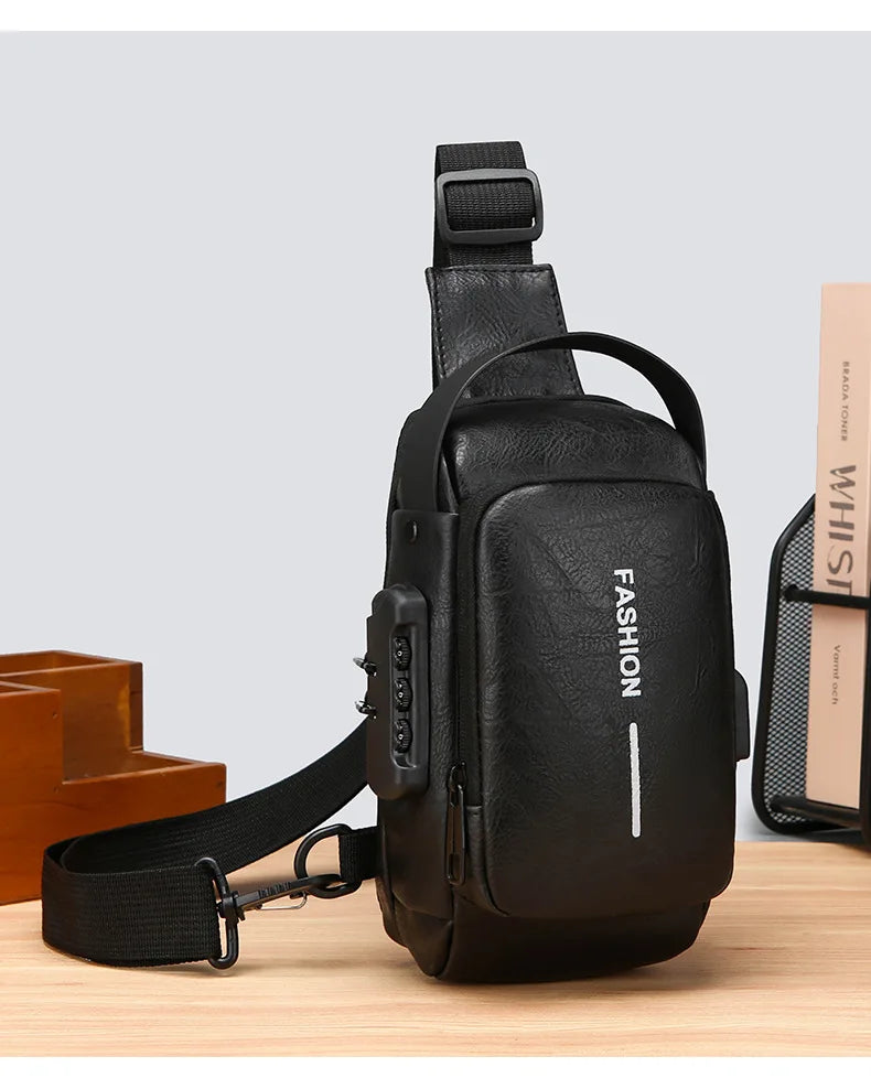 Bolsa Transversal Masculina Antifurto – Porta USB – Cadeado com Senha – Couro PU