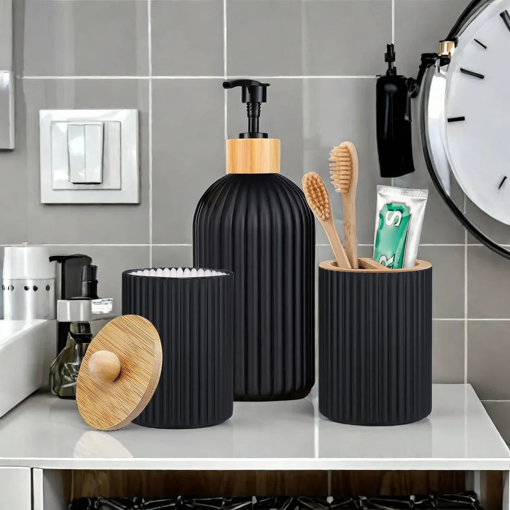 Kit Organizador de Banheiro – Dispenser de Sabão, Porta-algodão e Suporte para Escova