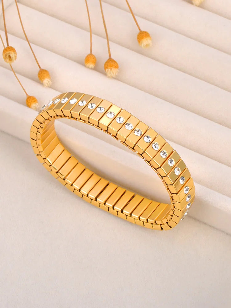 Pulseira Feminina Banhada a Ouro – Aço Inoxidável com Cristal – À Prova d'água