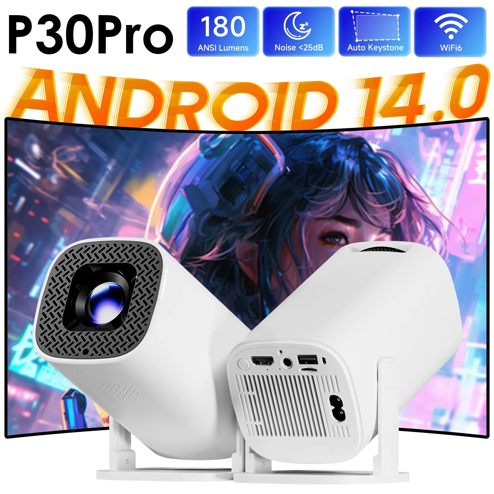 Mini Projetor Smart Android 14 – WiFi 6 – Bluetooth 5.0 – Suporte 4K – Home Theater