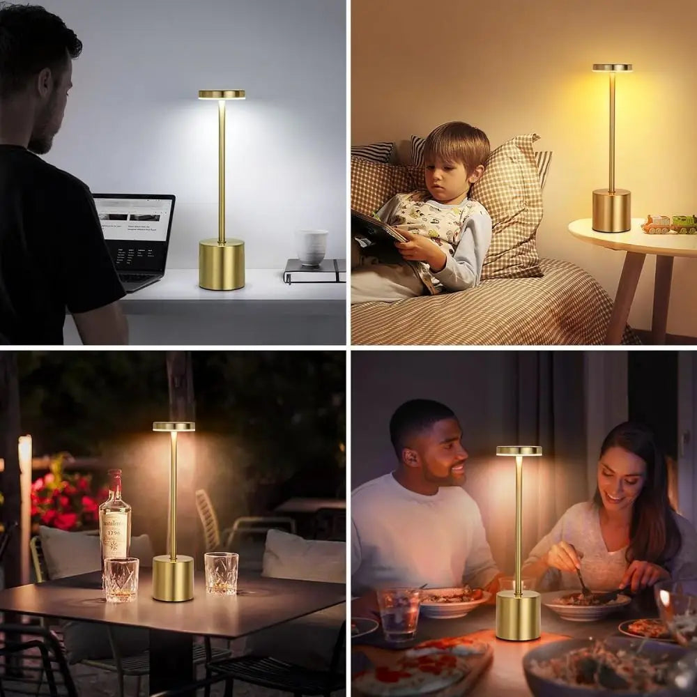 Luminária de Mesa LED Recarregável USB – 3 Cores – Dimmer – Corpo Metálico