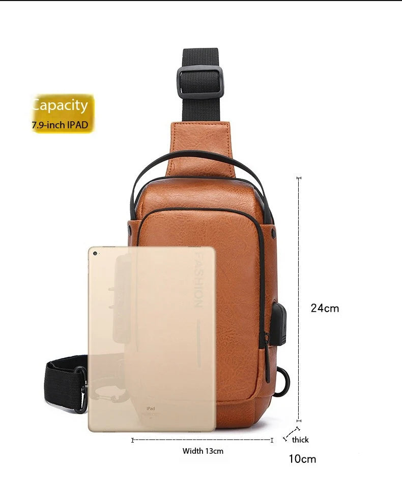 Bolsa Transversal Masculina Antifurto – Porta USB – Cadeado com Senha – Couro PU