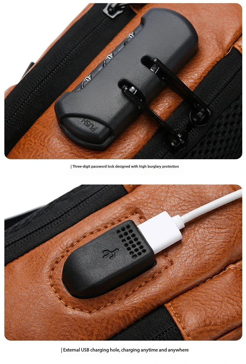 Bolsa Transversal Masculina Antifurto – Porta USB – Cadeado com Senha – Couro PU