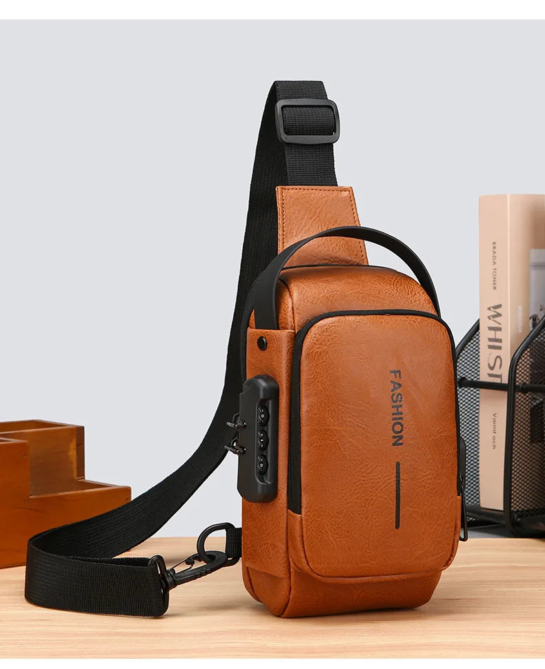Bolsa Transversal Masculina Antifurto – Porta USB – Cadeado com Senha – Couro PU
