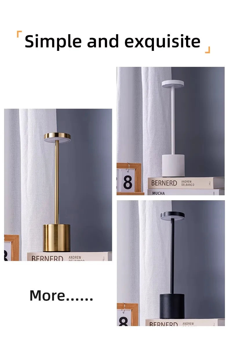 Luminária de Mesa LED Recarregável USB – 3 Cores – Dimmer – Corpo Metálico