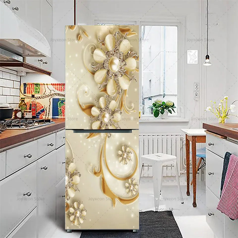 Retro Flower Fridge Sticker Light Blue Background Vinyl PVC Waterproof Self-Adhesive Poster Mural Decorative Fridge Sticker