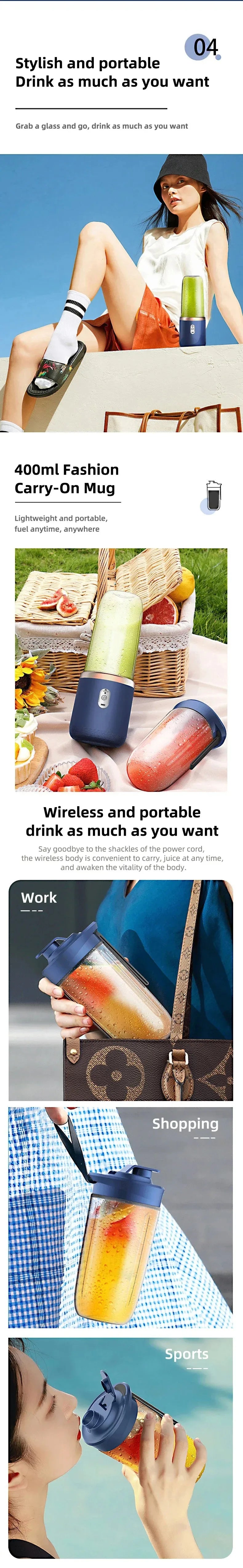 Liquidificador Portátil USB 400ml – Mini Mixer Elétrico para Smoothie e Vitamina