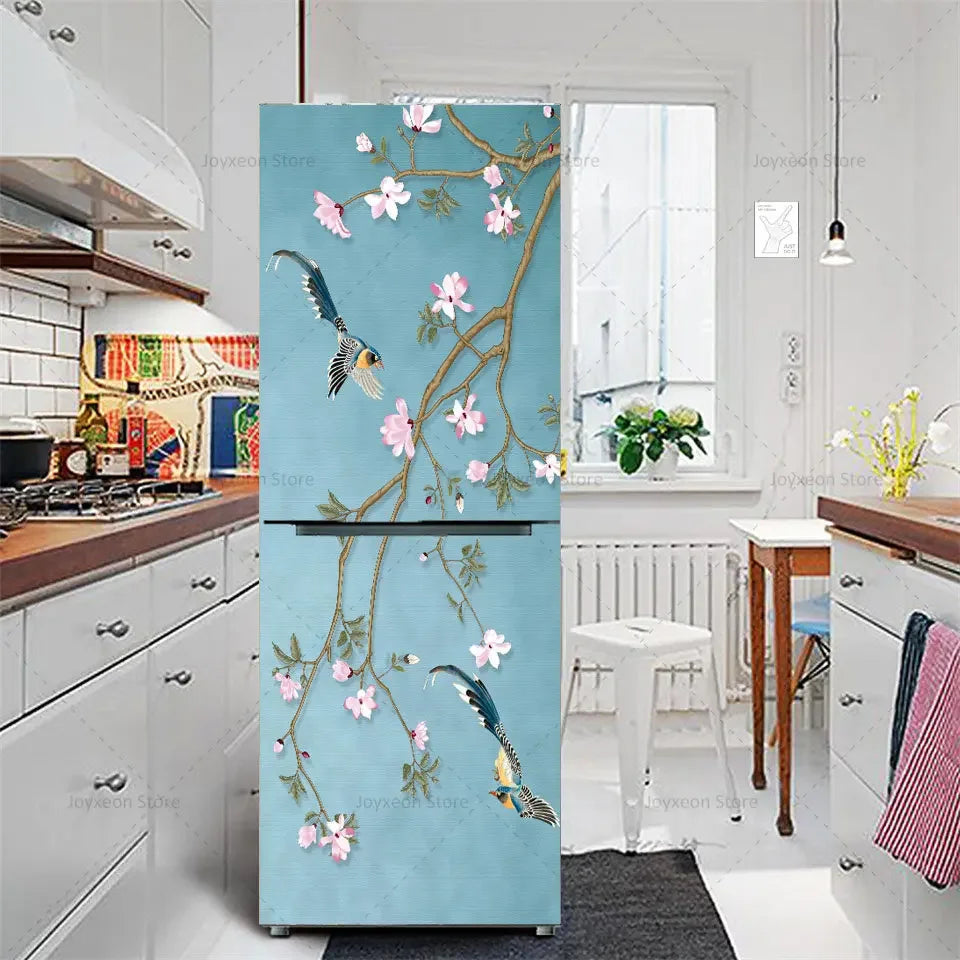 Retro Flower Fridge Sticker Light Blue Background Vinyl PVC Waterproof Self-Adhesive Poster Mural Decorative Fridge Sticker