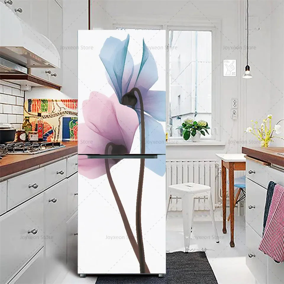 Retro Flower Fridge Sticker Light Blue Background Vinyl PVC Waterproof Self-Adhesive Poster Mural Decorative Fridge Sticker