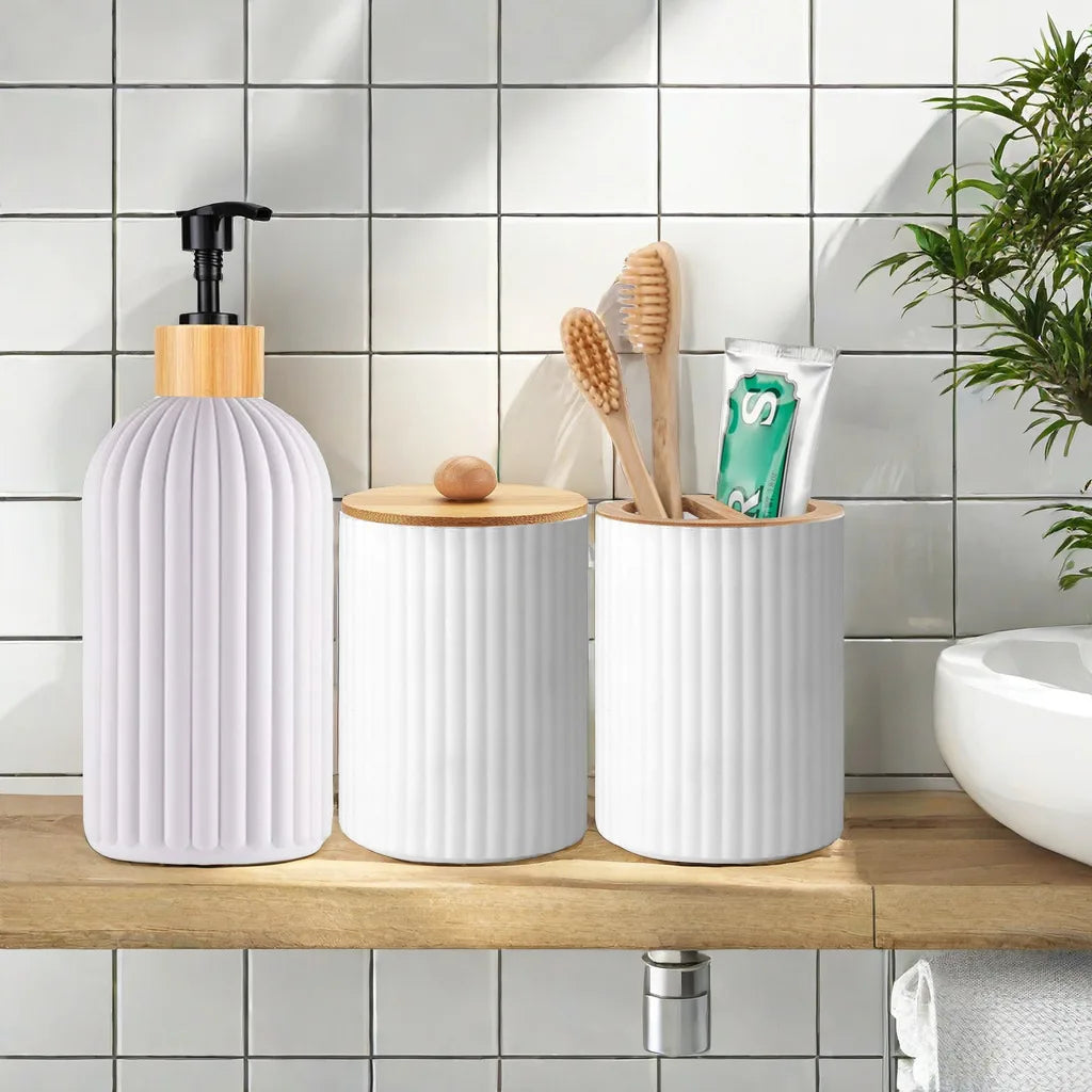 Kit Organizador de Banheiro – Dispenser de Sabão, Porta-algodão e Suporte para Escova