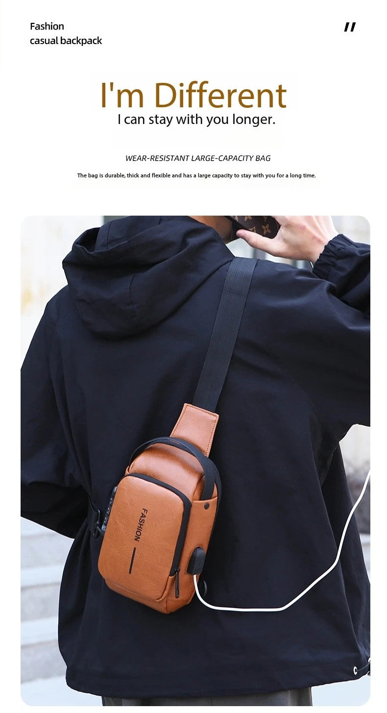 Bolsa Transversal Masculina Antifurto – Porta USB – Cadeado com Senha – Couro PU