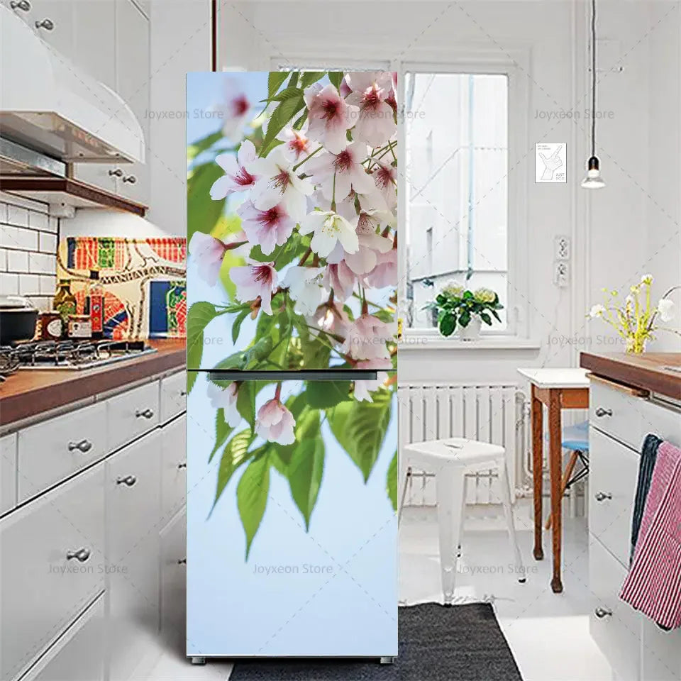 Retro Flower Fridge Sticker Light Blue Background Vinyl PVC Waterproof Self-Adhesive Poster Mural Decorative Fridge Sticker