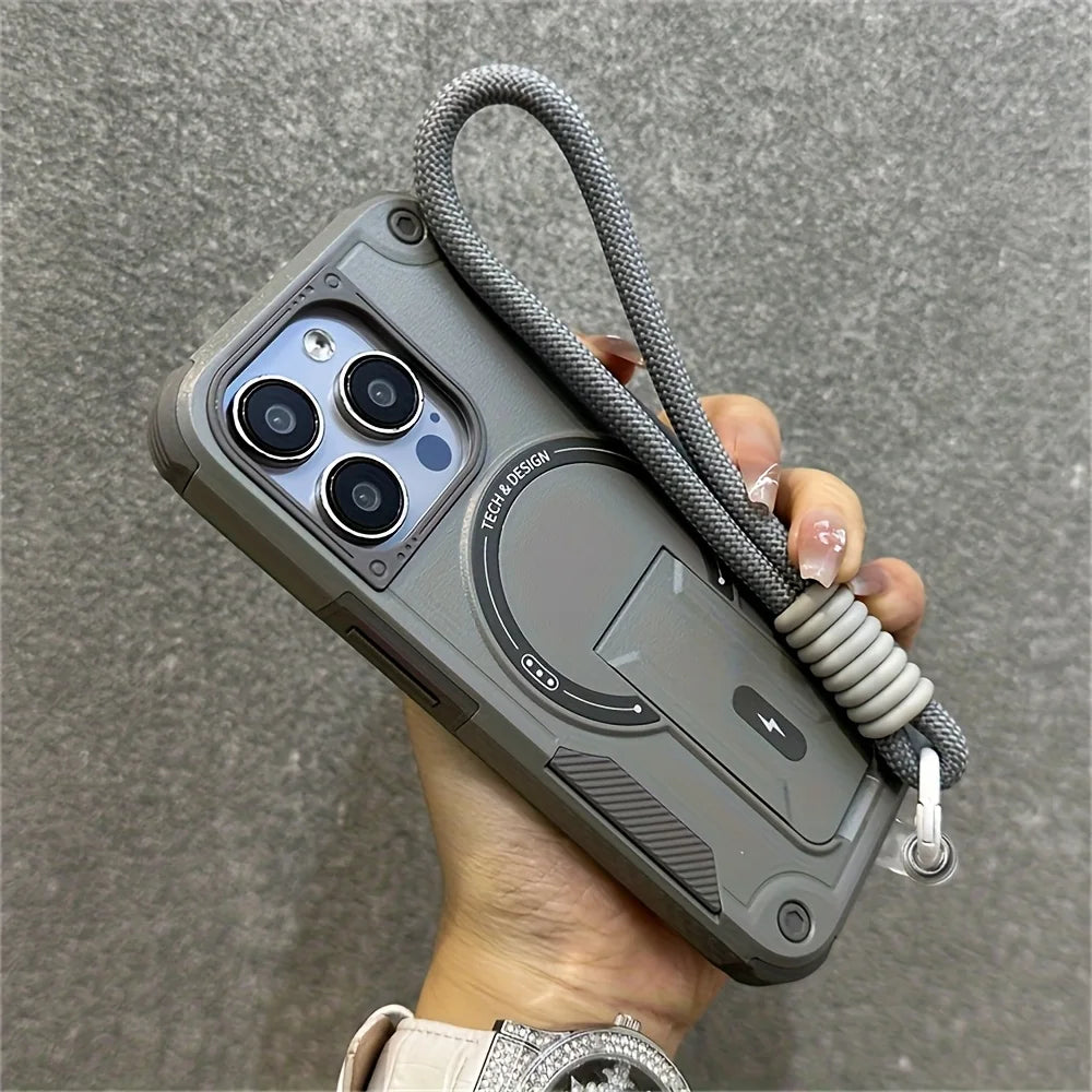 Luxury Kickstand Magnetic With Strap Case For iPhone 17 16 15 12 13 14 Pro Max 11 17 Air Wireless charging Shockproof Back Cover