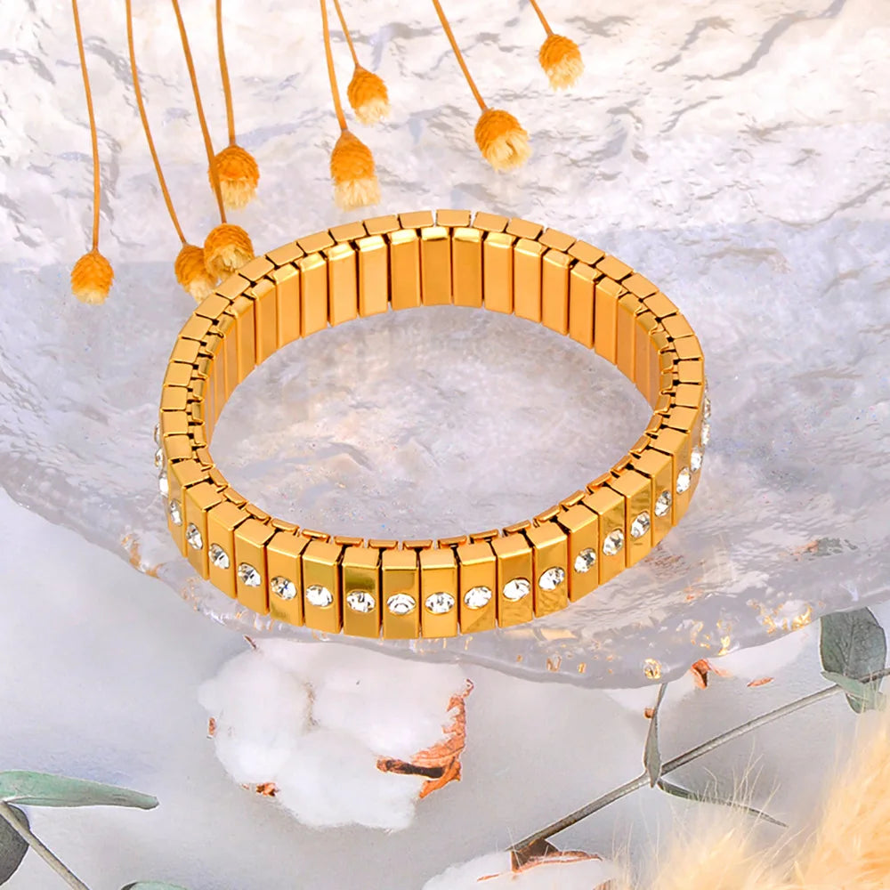 Pulseira Feminina Banhada a Ouro – Aço Inoxidável com Cristal – À Prova d'água