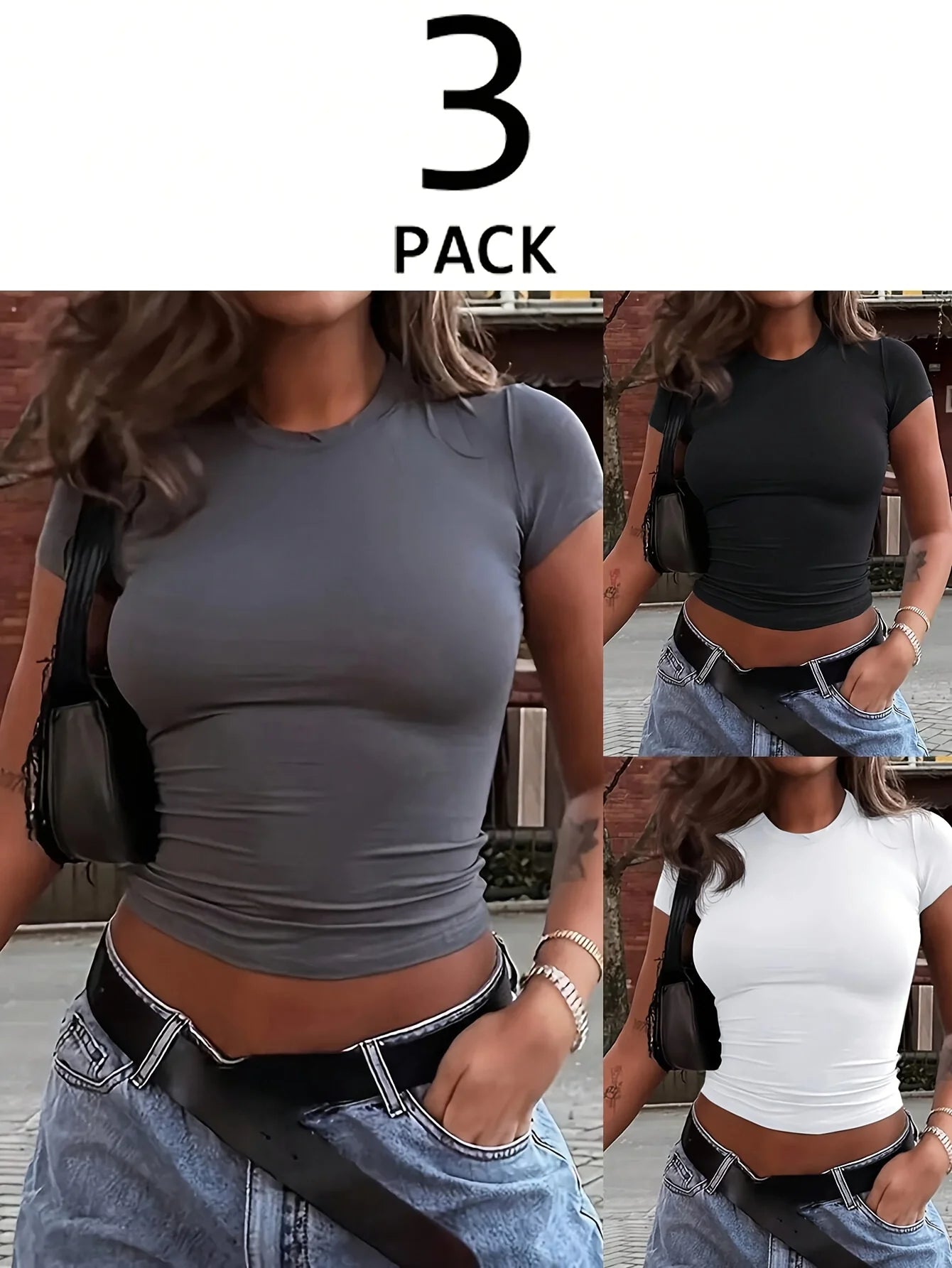 Kit 3 Camisetas Femininas Slim Fit Manga Curta Gola Redonda Y2k Vintage