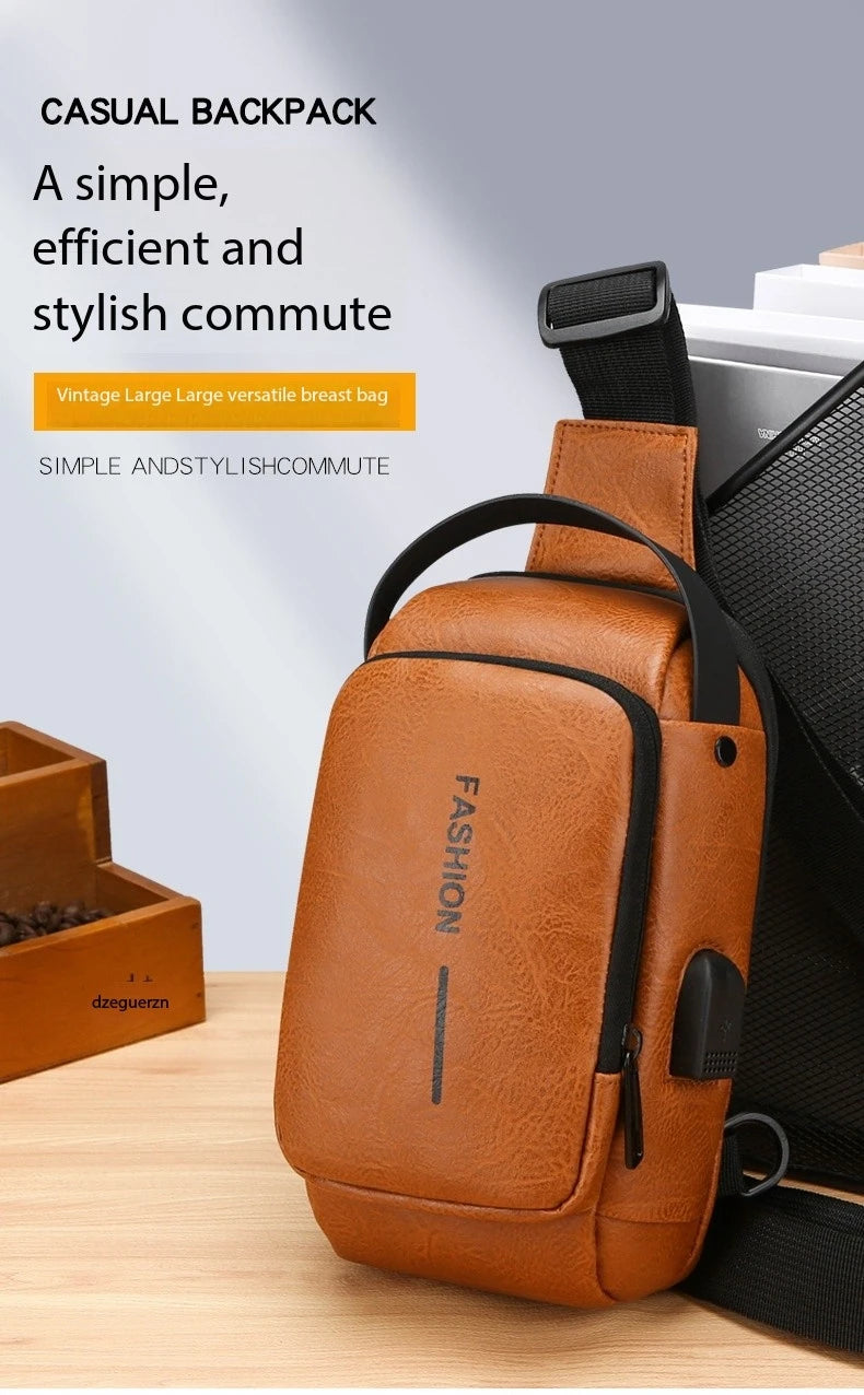 Bolsa Transversal Masculina Antifurto – Porta USB – Cadeado com Senha – Couro PU