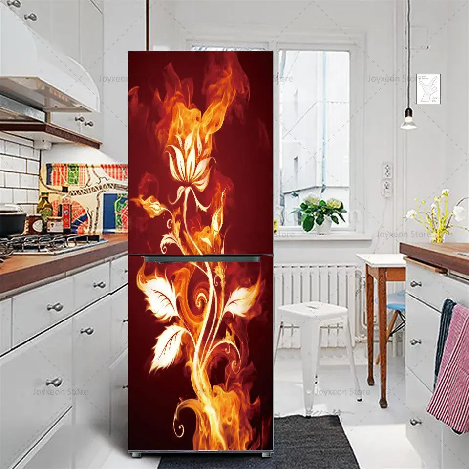 Retro Flower Fridge Sticker Light Blue Background Vinyl PVC Waterproof Self-Adhesive Poster Mural Decorative Fridge Sticker