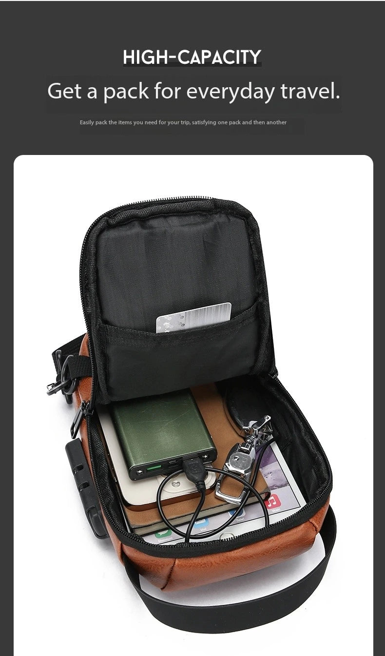 Bolsa Transversal Masculina Antifurto – Porta USB – Cadeado com Senha – Couro PU