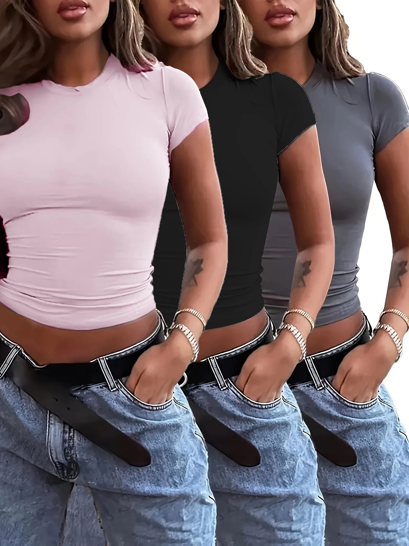 Kit 3 Camisetas Femininas Slim Fit Manga Curta Gola Redonda Y2k Vintage