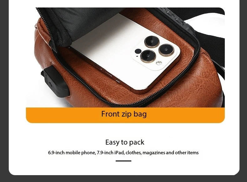 Bolsa Transversal Masculina Antifurto – Porta USB – Cadeado com Senha – Couro PU