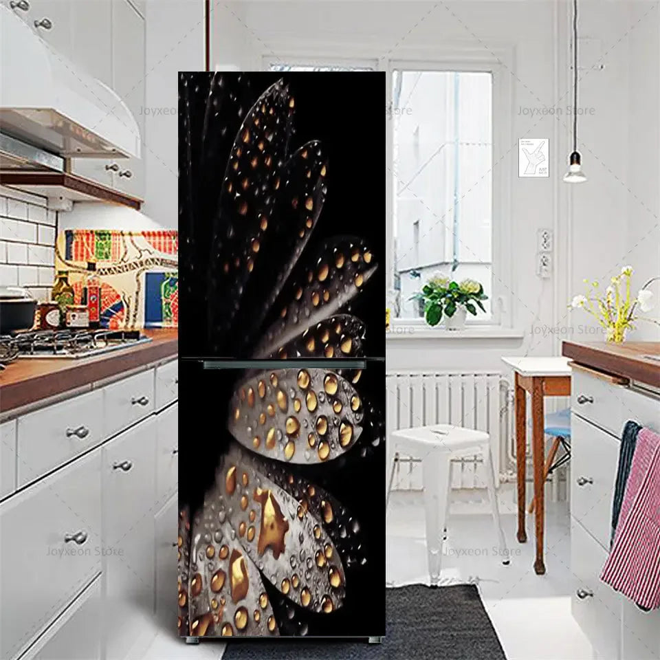 Retro Flower Fridge Sticker Light Blue Background Vinyl PVC Waterproof Self-Adhesive Poster Mural Decorative Fridge Sticker
