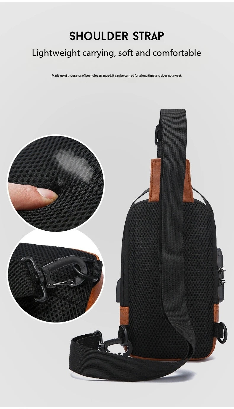 Bolsa Transversal Masculina Antifurto – Porta USB – Cadeado com Senha – Couro PU