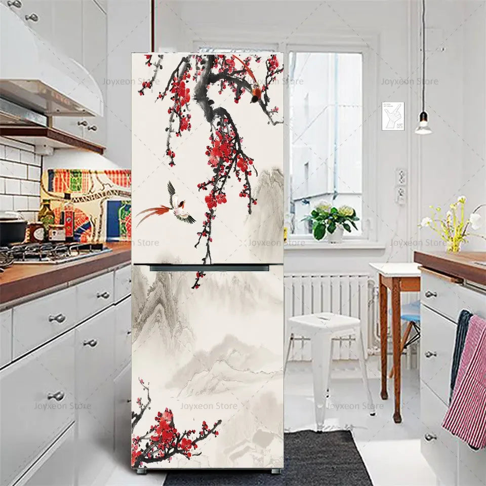 Retro Flower Fridge Sticker Light Blue Background Vinyl PVC Waterproof Self-Adhesive Poster Mural Decorative Fridge Sticker